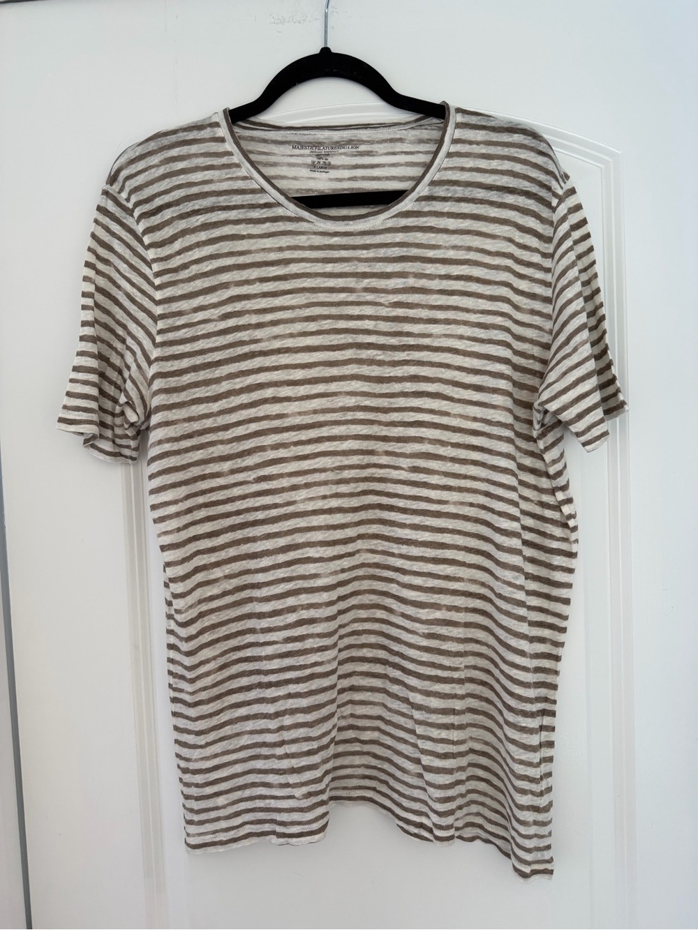 Men's Striped Short-Sleeve Crewneck Shirt in Beige and White